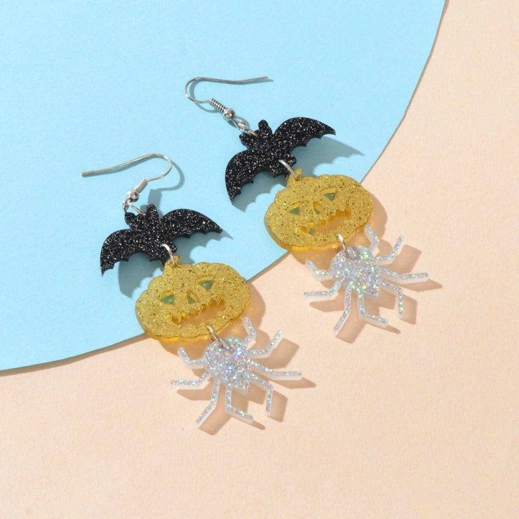 Halloween Gothic Acrylic Black Bat Spider Pumpkin Statement Drop Earrings Party