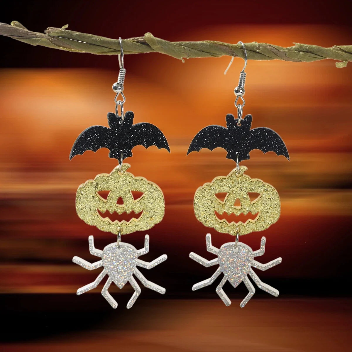 Halloween Gothic Acrylic Black Bat Spider Pumpkin Statement Drop Earrings Party