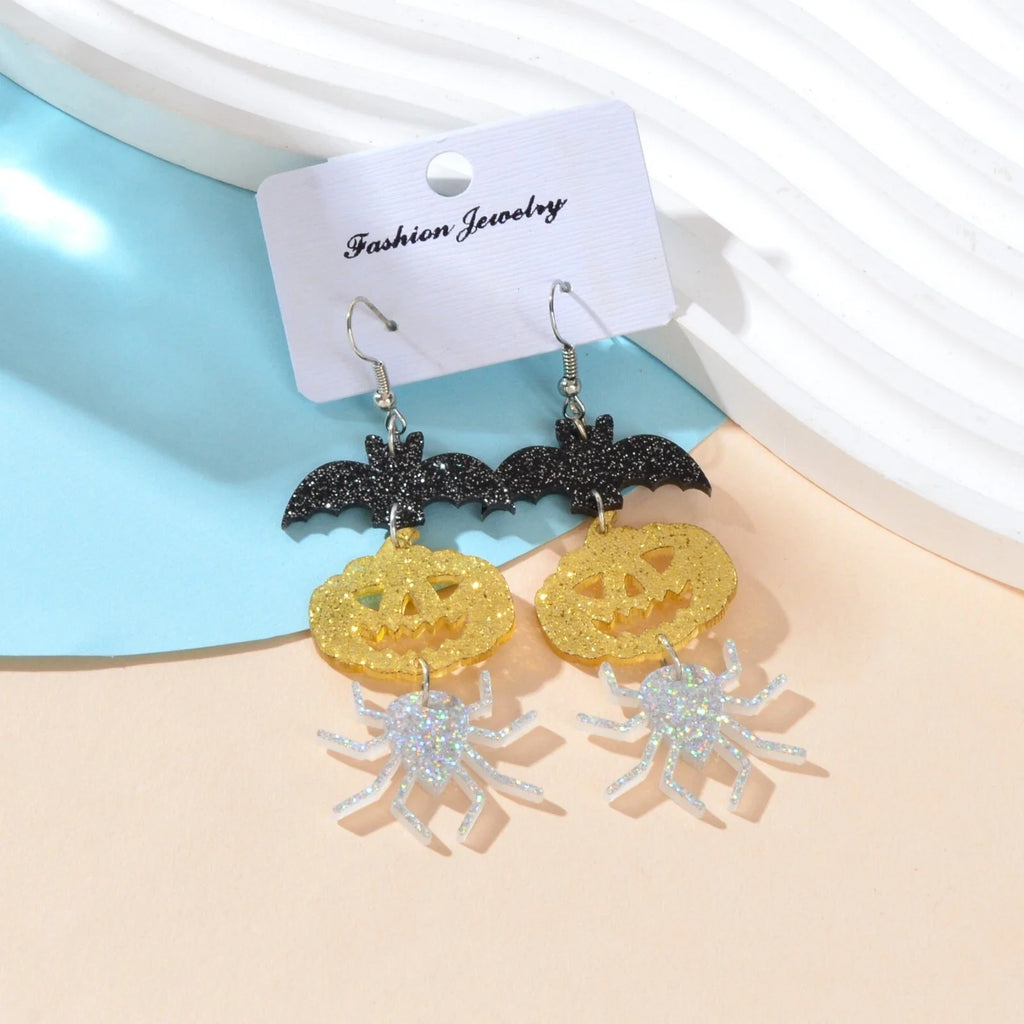 Halloween Gothic Acrylic Black Bat Spider Pumpkin Statement Drop Earrings Party