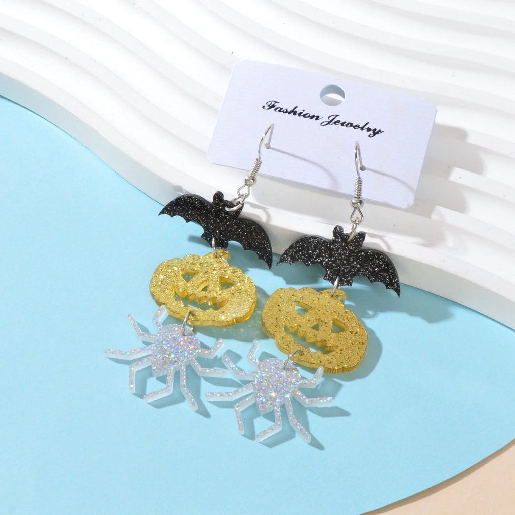 Halloween Gothic Acrylic Black Bat Spider Pumpkin Statement Drop Earrings Party