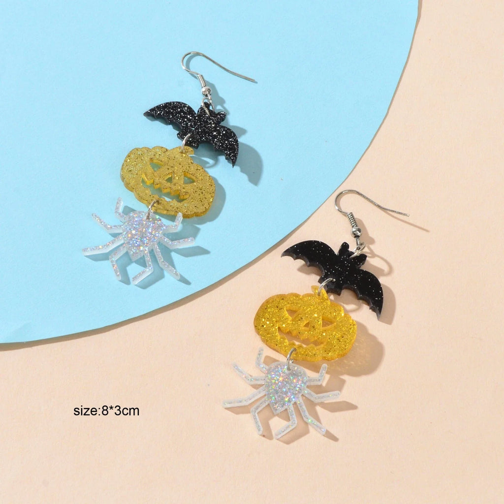 Halloween Gothic Acrylic Black Bat Spider Pumpkin Statement Drop Earrings Party